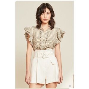 Veronica Beard Tenille Gingham Short Sleeve Ruffle Button Down Olive Shirt XL
